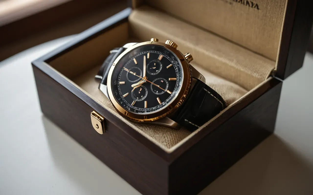 Close-up of a luxury mechanical watch resting on its original cushioned box, soft natural light from the side, shallow depth of field, neutral background, editorial photography