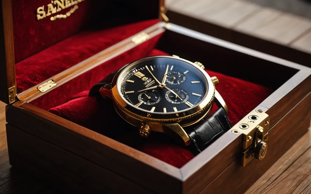 Close-up of a luxury mechanical watch resting on a velvet cushion inside an open wooden box with brass hinges and soft warm lighting from the side, shallow depth of field emphasizing the dial details without any visible text or branding