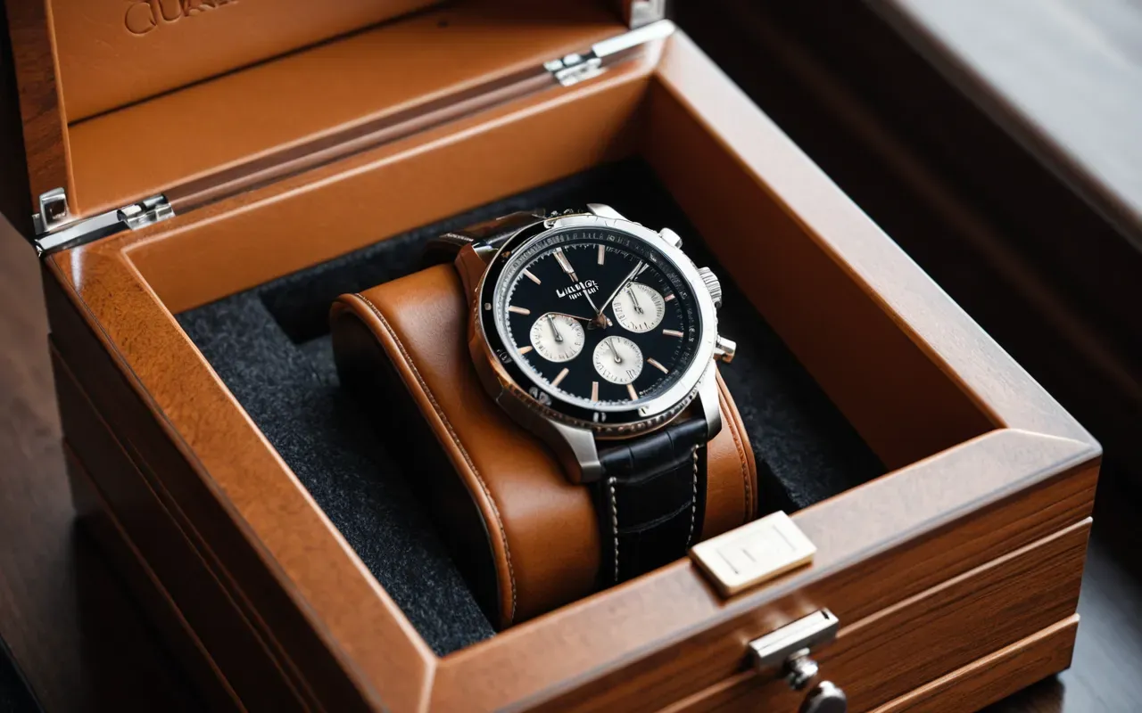 Close-up of a modern watch winder box interior with soft leather lining and one mechanical watch secured in place, neutral tones