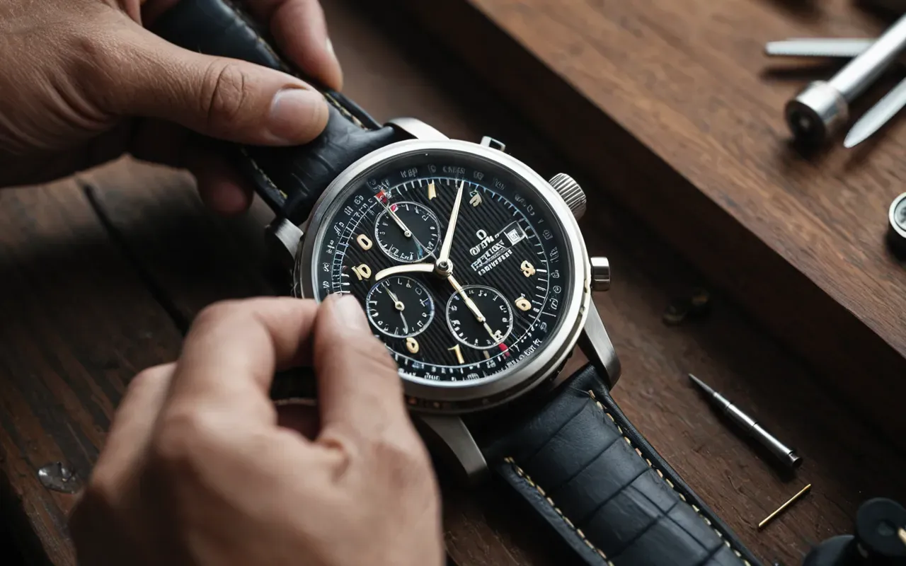 saat yağı Close-up of a watchmaker's hands applying lubricant to a watch movement, precision tools, clean workspace