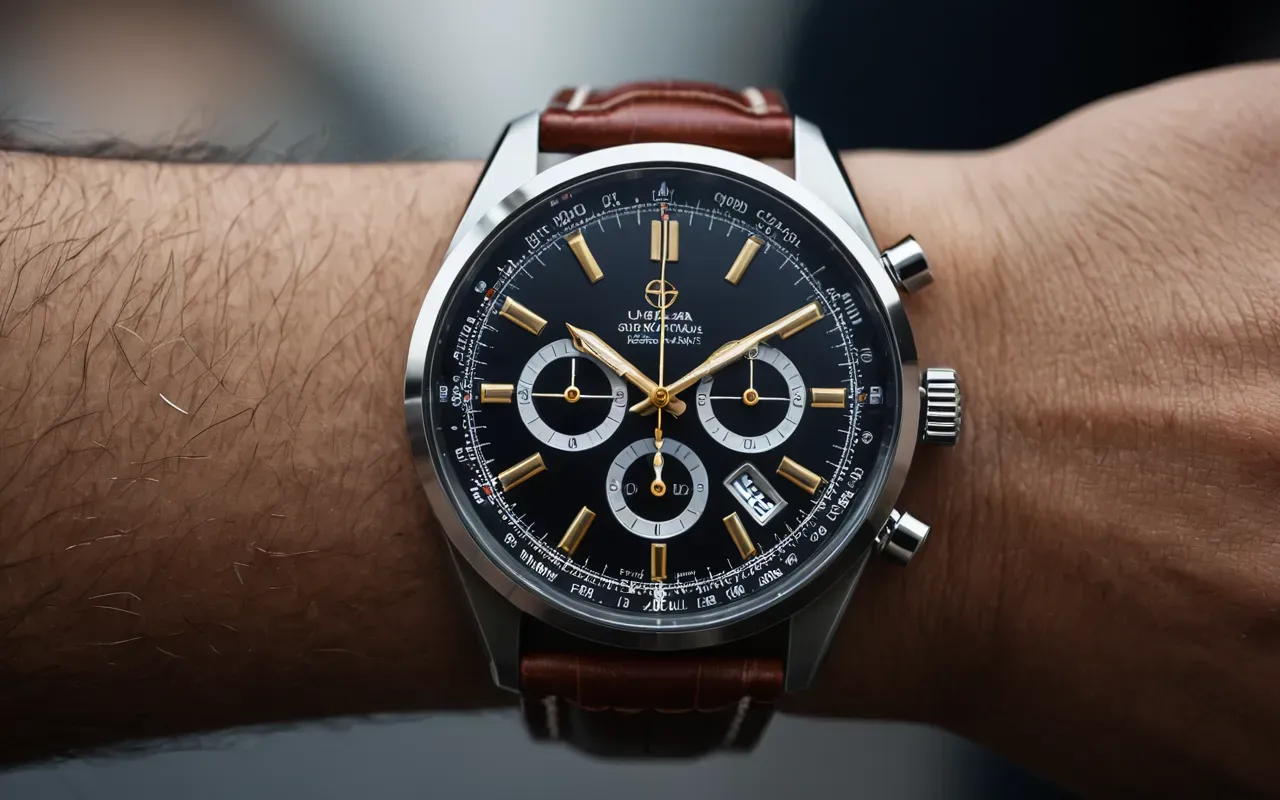 Close-up of a wrist wearing a sophisticated automatic watch with intricate mechanical details visible through the case back. Soft studio lighting highlights the polished metal and leather strap texture.