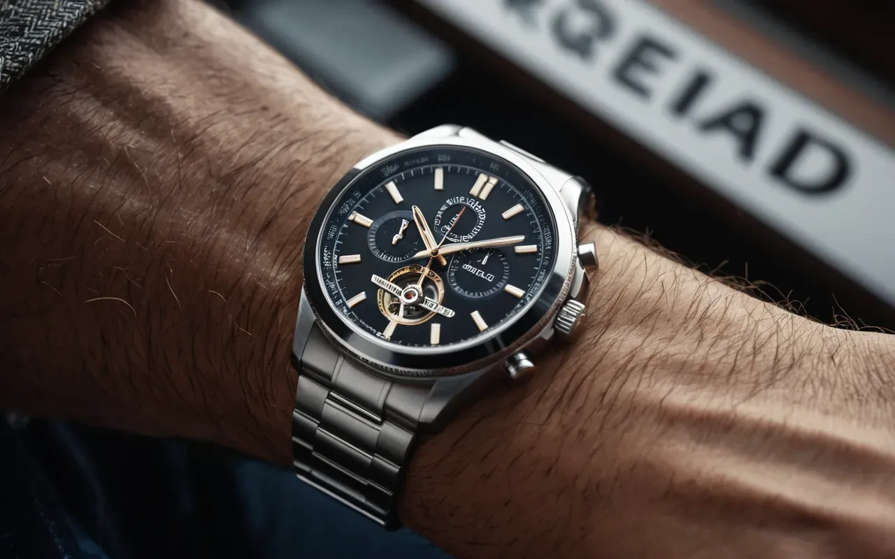 Close-up of a wrist wearing a stainless steel automatic watch with an open heart caseback showing the oscillating weight in motion