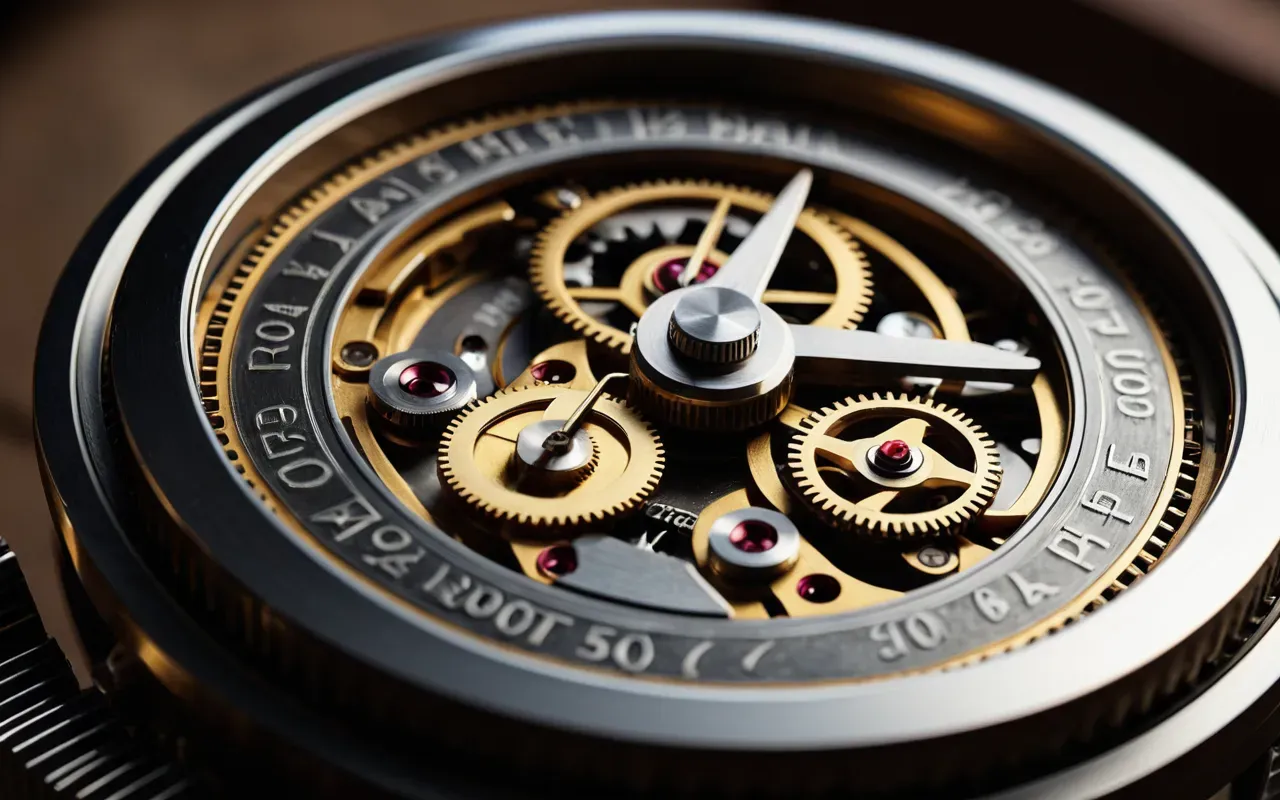 Close up view of a wristwatch mechanism with intricate gears and springs under warm workshop lighting showing precision engineering details in high definition photography style without any text or numbers visible on the surface.