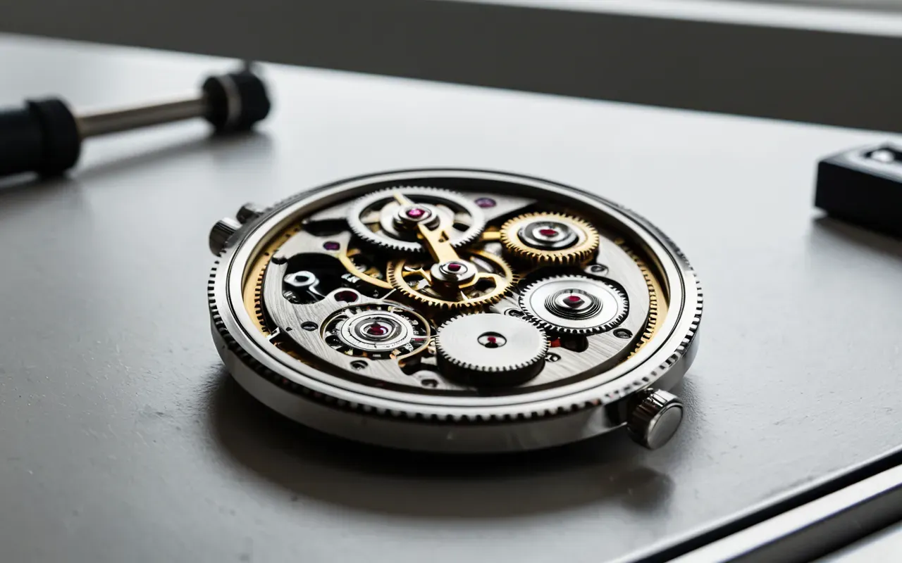 saat mekanizması bakım aracı Editorial still life of a vintage mechanical watch movement disassembled on a clean white workbench with precision tools arranged neatly around it under bright even lighting without any visible text or labels