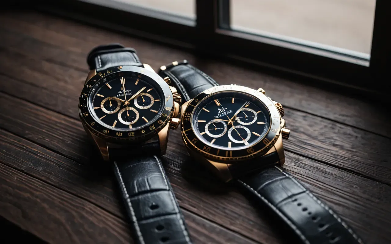 Editorial still life of two luxury wristwatches placed side by side on a dark wooden surface with soft window light and neutral tones
