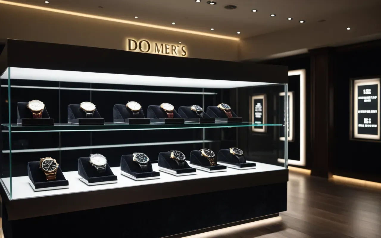 lüks saat vitrin sergileme düzeni Elegant display case with multiple luxury watches arranged on tiered velvet platforms under soft spotlighting creating a premium retail atmosphere with reflective glass surfaces and warm golden lighting without any visible text or price tags