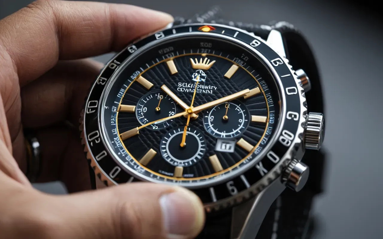 otomatik saat kurma detayı yakın çekim Extreme close-up of a watch crown being carefully adjusted by fingers with shallow depth of field showing the textured grip pattern and polished metal surface under focused directional lighting without any visible text or markings