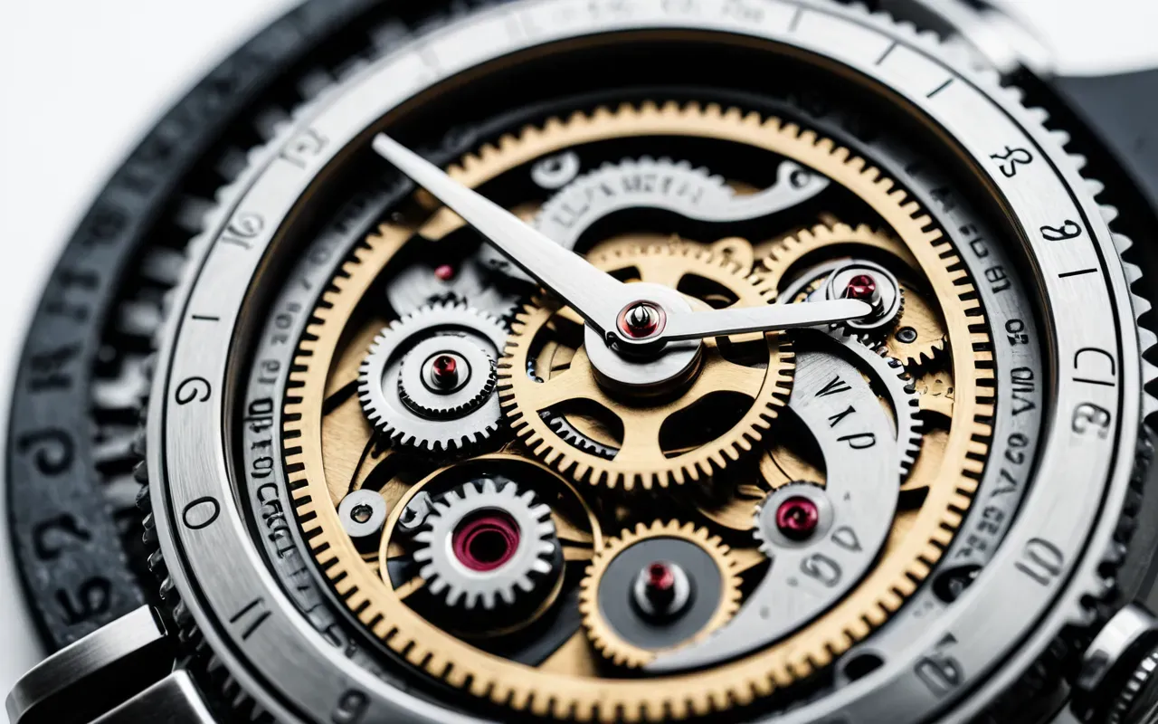 Macro photograph of a mechanical watch escapement with polished gears and lever in motion on a clean white background