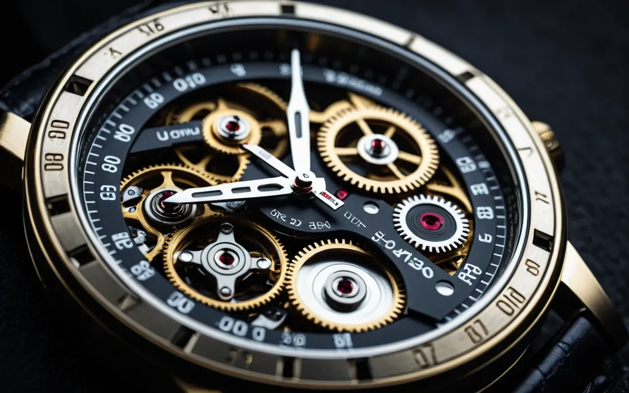 Macro photograph of a mechanical watch movement with visible gears and balance wheel, clean studio lighting on dark background