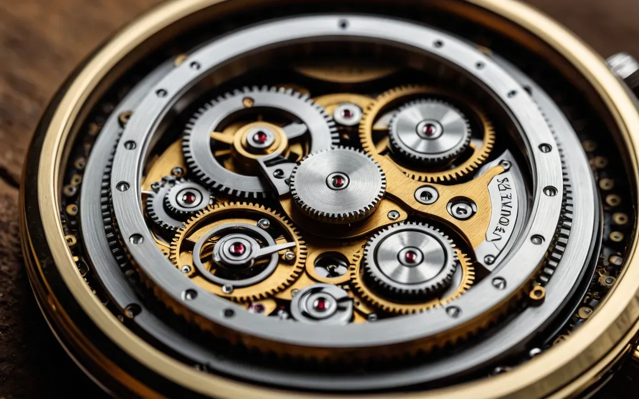 Macro shot of a complex mechanical watch movement with intricate gears and springs in motion. Warm ambient lighting creates depth and highlights the precision engineering.