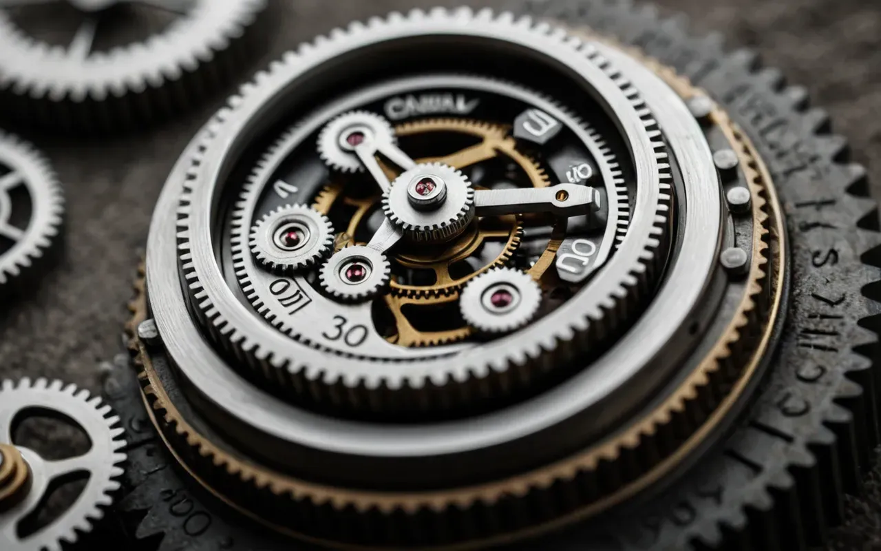 dişli sistemi Macro shot of watch gears in motion, intricate mechanical details, shallow depth of field, neutral background