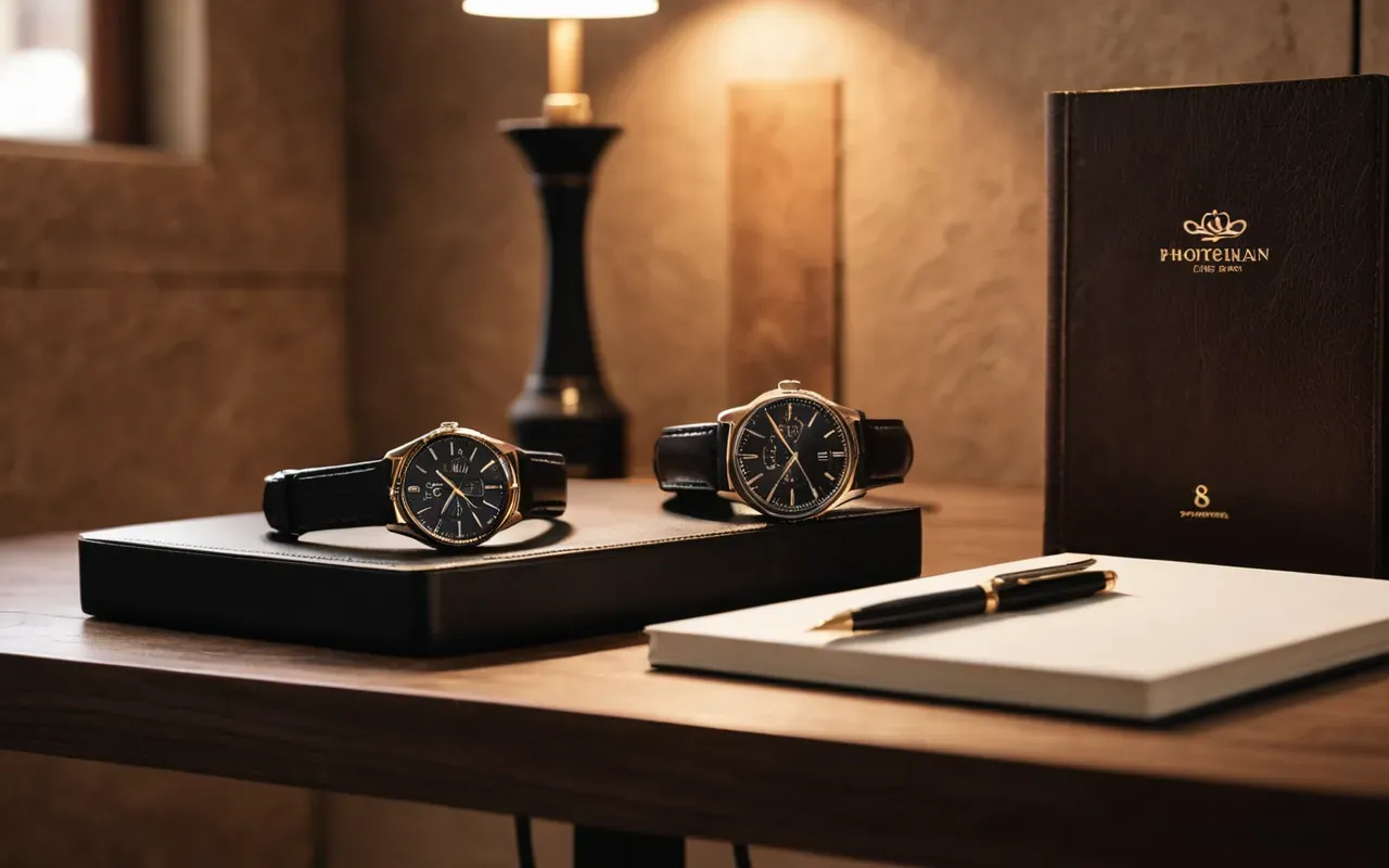lüks aksesuar çalışma alanı düzeni Modern minimalist desk setup with a luxury wristwatch displayed on a wooden stand next to an open leather journal and fountain pen under warm ambient lighting creating an elegant workspace atmosphere without any text elements