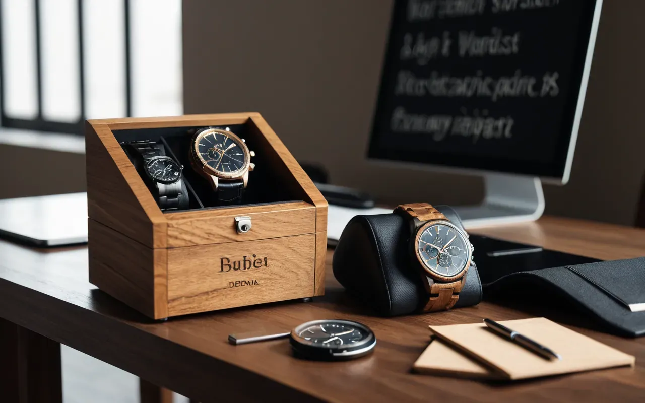 Modern minimalist desk setup with a wooden watch winder box and one mechanical wristwatch on top, soft diffused daylight