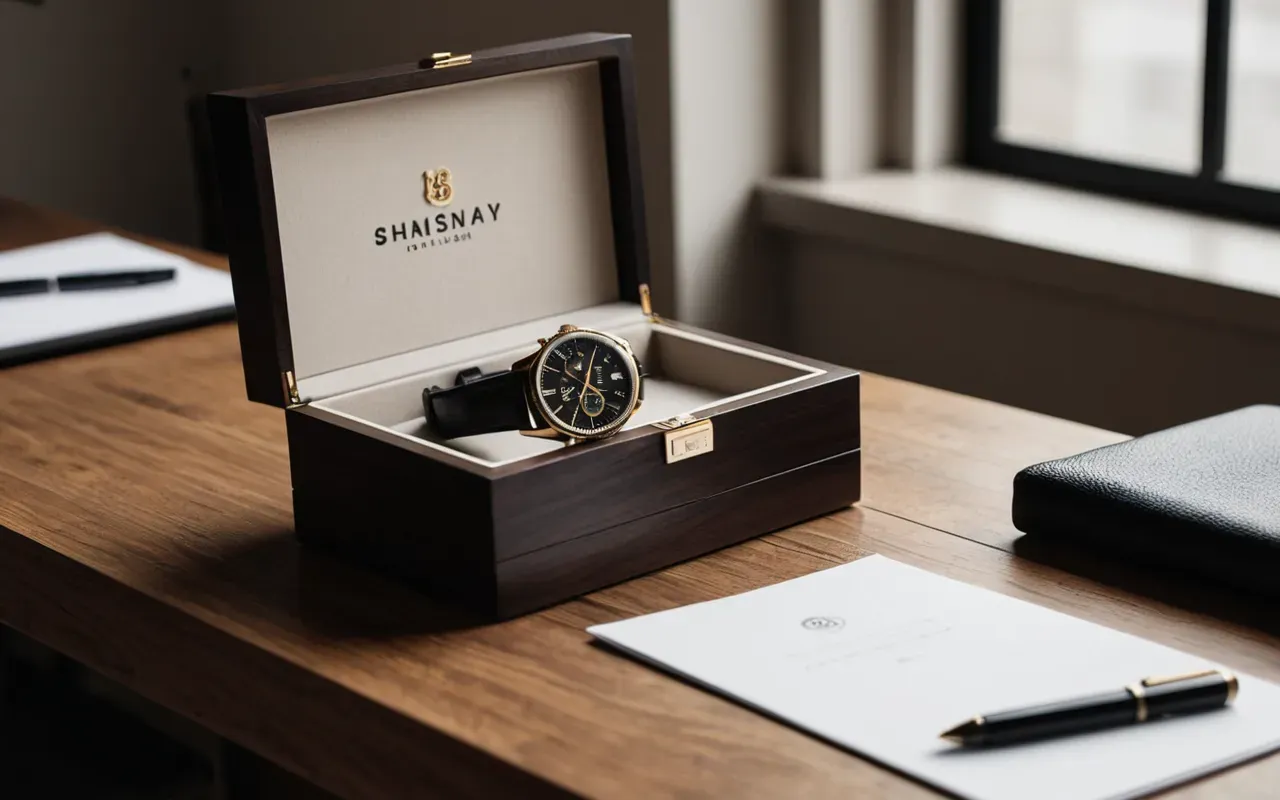 Modern minimalist workspace with a luxury watch box open on a wooden desk, soft diffused lighting, neutral tones, editorial style photography