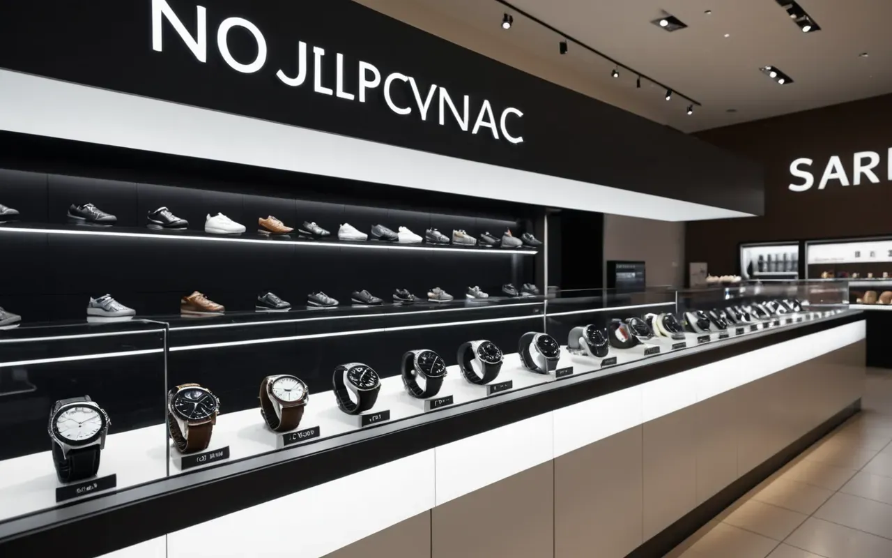 lüks saat mağazası iç mekan dekorasyonu Modern retail store interior with sleek display counters showcasing various wristwatch models under soft ambient lighting creating an inviting shopping atmosphere with clean white surfaces and neutral color palette without any visible text or signage
