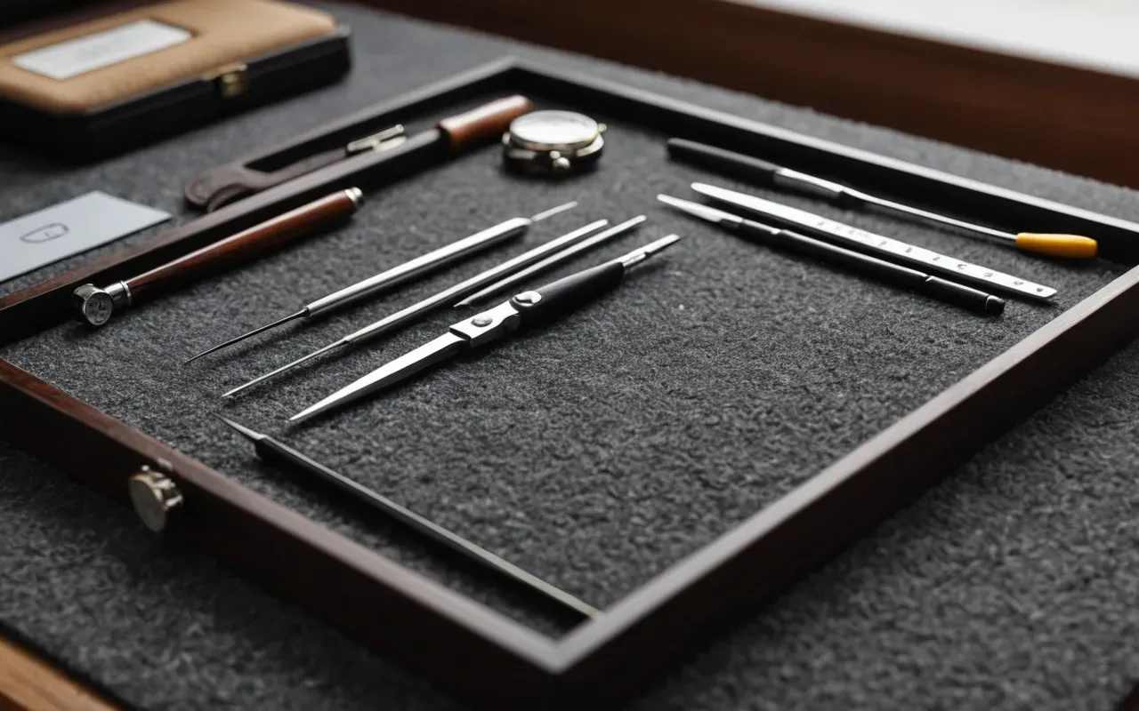 profesyonel saat tamirci çalışma alanı detay Professional watchmaker's workspace with precision tweezers and small screwdrivers arranged on a clean gray felt mat next to an open watch case back revealing intricate mechanical components under bright focused task lighting without any visible text or labels