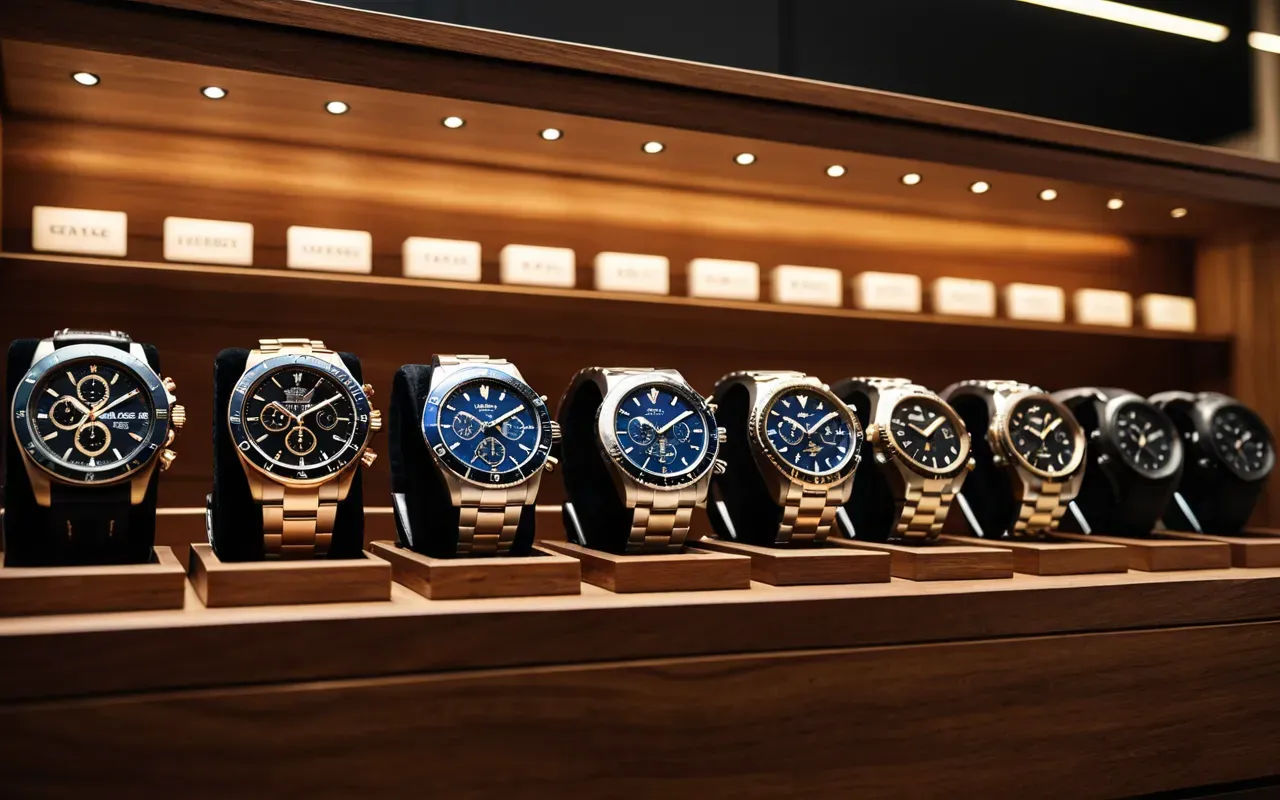 Wide shot of a modern luxury watch collection display with multiple mechanical watches in wooden winder boxes, warm ambient lighting