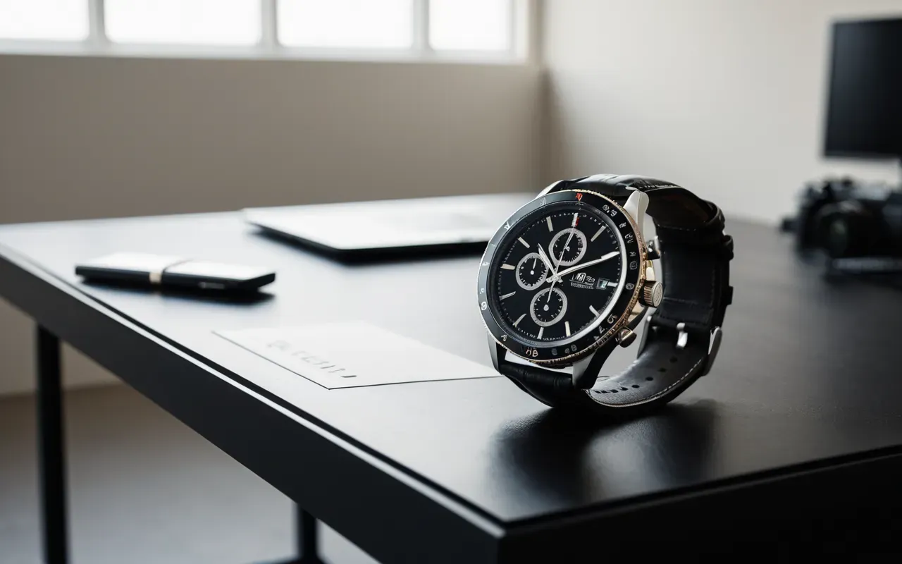 saat bakımı Wide shot of a modern minimalist workspace with a luxury watch on a leather stand, soft natural light, editorial style