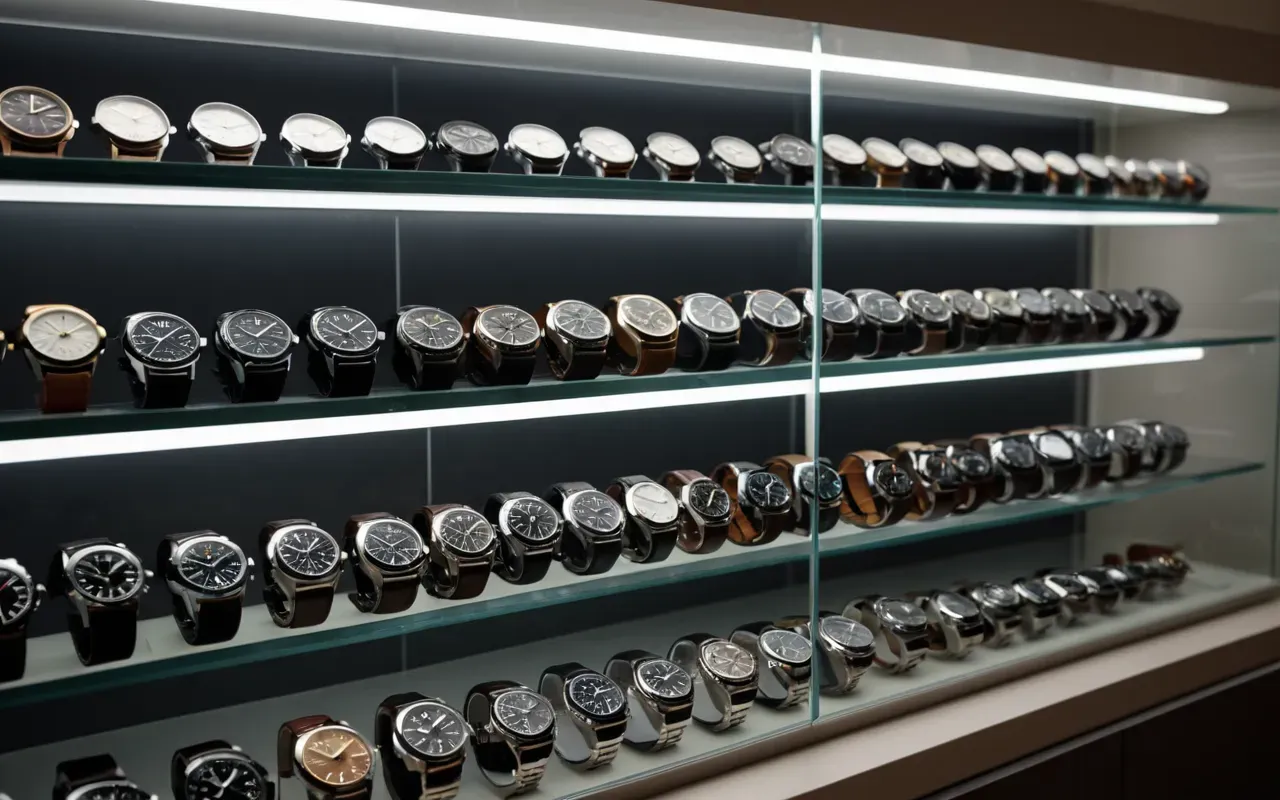 Wide shot of a modern watch collection arranged on a sleek glass shelf, soft ambient lighting, neutral color palette, editorial photography style